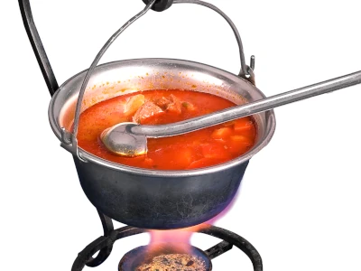 Hungarian goulash soup in a cauldron